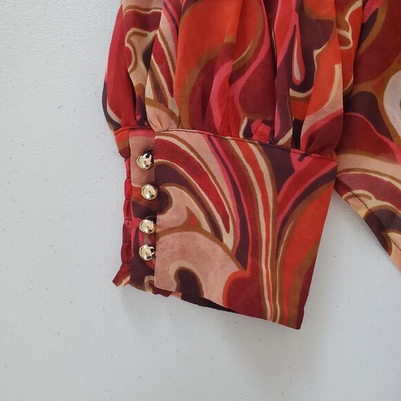 Chico's Shirt Womens 20 Red Multicolor Sheer Long Sleeve Button Cuff Boho Blouse - Picture 3 of 9